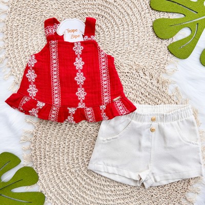 Conj. Batinha em Laise Floral e Short em Sarja - Vermelho e Areia